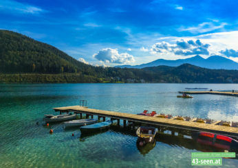 Steg mit angelegten Booten und Tretboot im Hintergrund